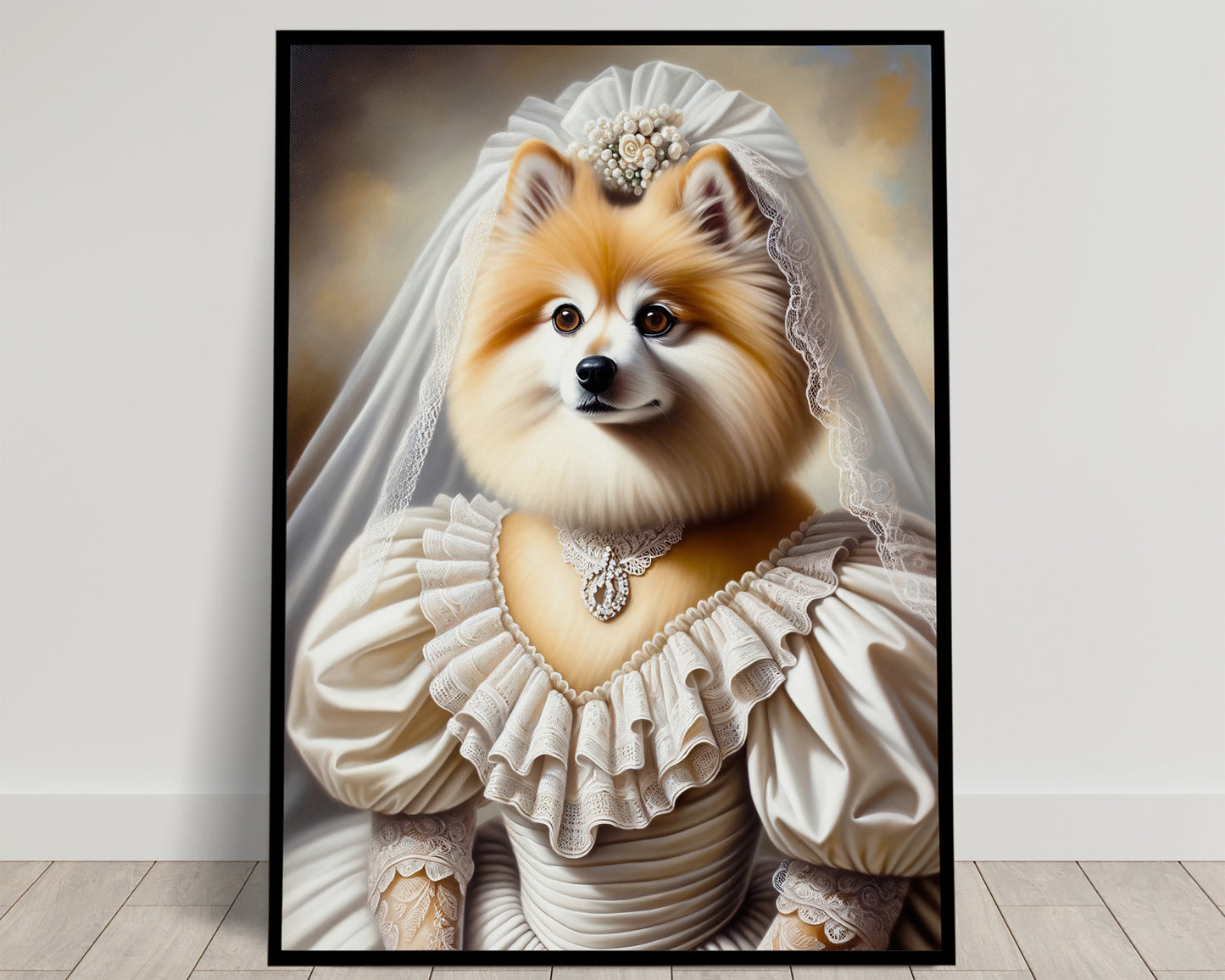 Poster Chien Spitz Mariage - Affiche Murale Animaux, Décoration Humour, Portrait en Robe de Mariée, Cadre Poster Murale