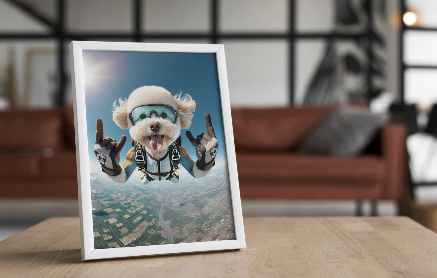 Affiche d'un Bichon Frisé en chute libre - Poster Chien Skydiving, Décor Sport Extrême, Idée Cadeau Originale