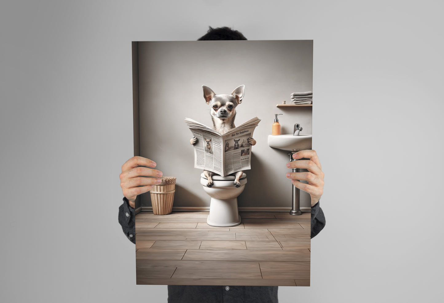 Poster Humoristique : Chihuahua Lisant sur Toilettes, Décoration Salle de Bain, Cadre Déco WC, Cadeau Amusant