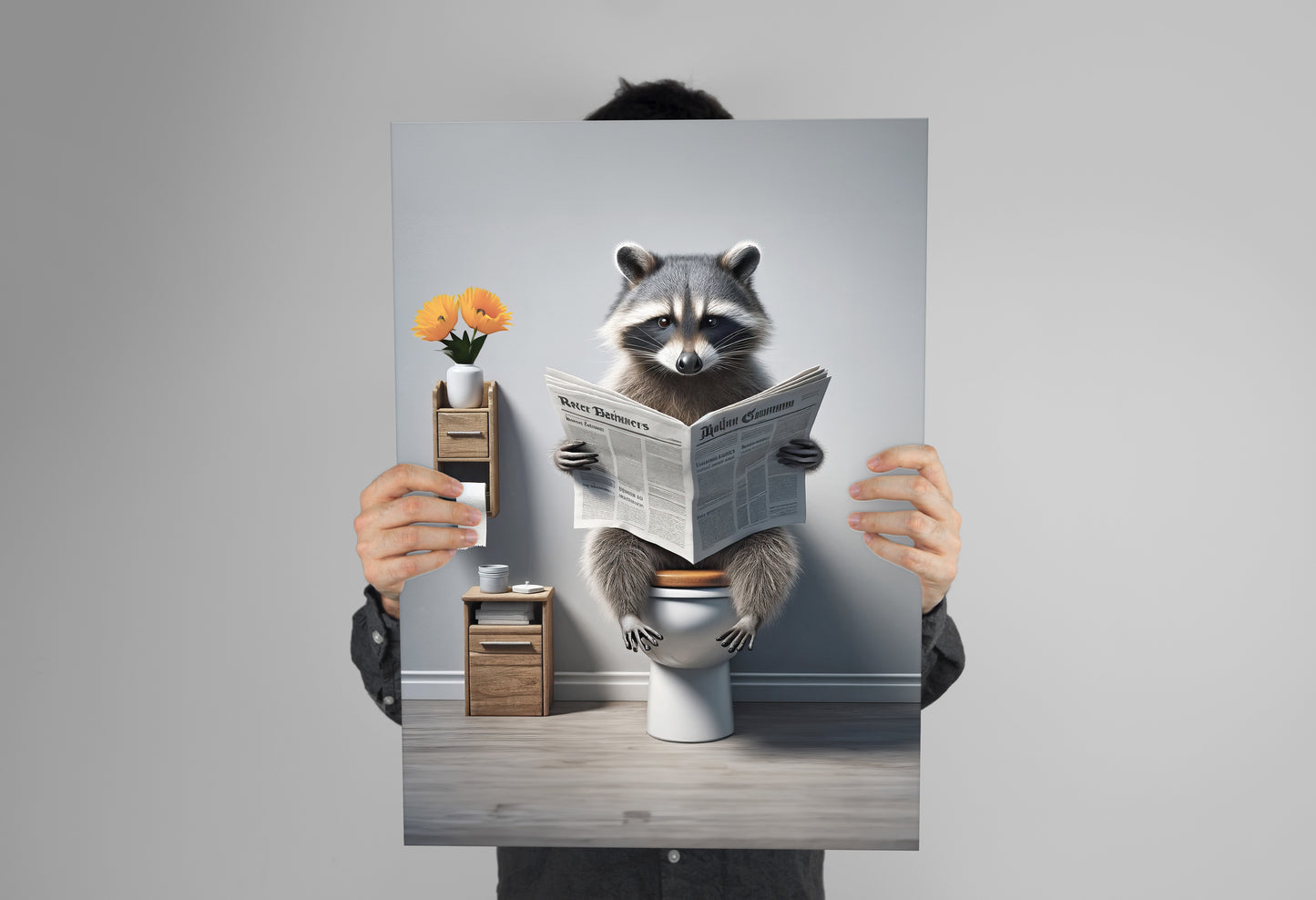 Raccoon Reading Newspaper Poster - Funny Bathroom Wall Art Decor - Unique WC Toilet Poster Gift