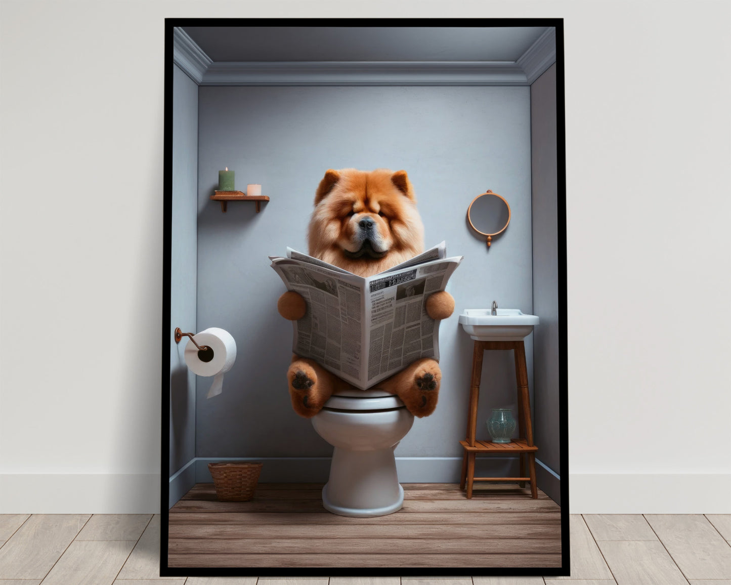 Poster Humoristique de Chow Chow lisant le journal, Déco WC Amusante, Cadre Salle de Bain, Cadeau Fun Chien