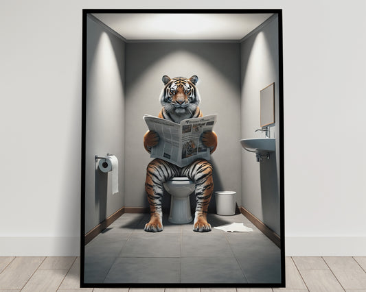 Tiger Reading Newspaper Poster - Funny Bathroom Wall Art Decor - Unique Toilet WC Poster - Quirky Gift