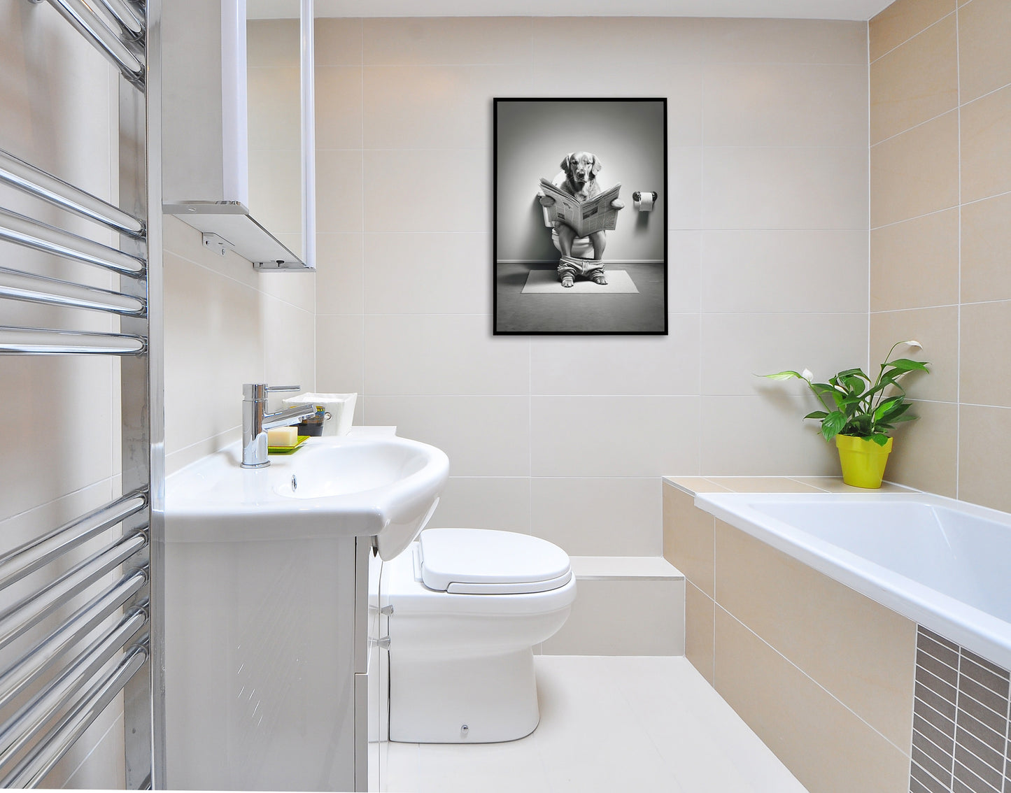 Poster humoristique de Golden Retriever lisant le journal, Déco WC amusante, Cadre salle de bain, Idée cadeau rigolo