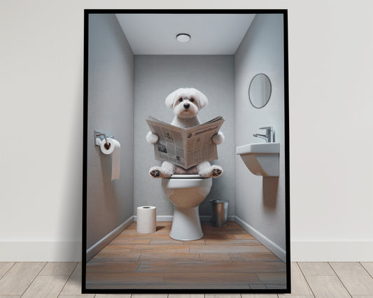 "Funny Maltese Dog Reading Newspaper Poster - Bathroom Wall Art Decor - WC Humorous Gag Gift for Bathroom"