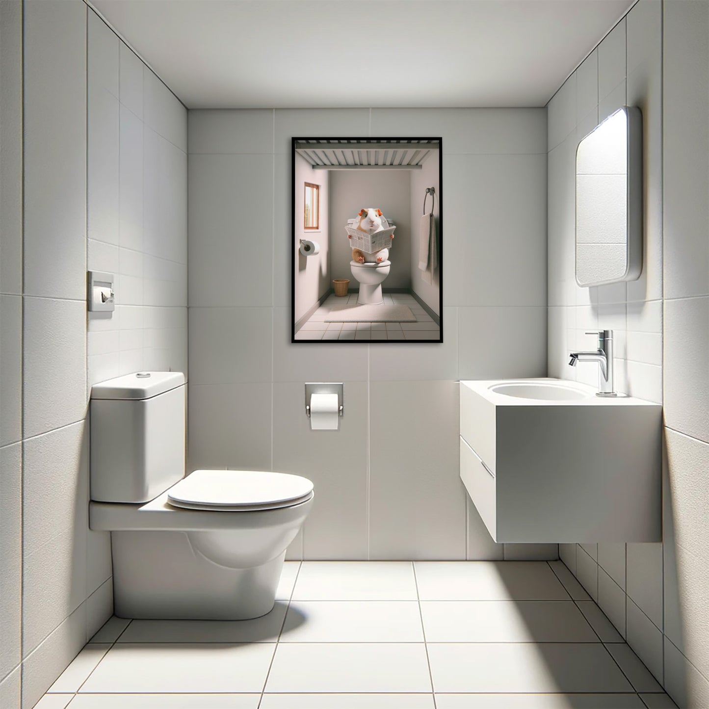 Poster Humour : Cochon d'Inde lisant le journal, Décoration Salle de Bain WC, Cadeau Drôle, Art Mural Toilettes