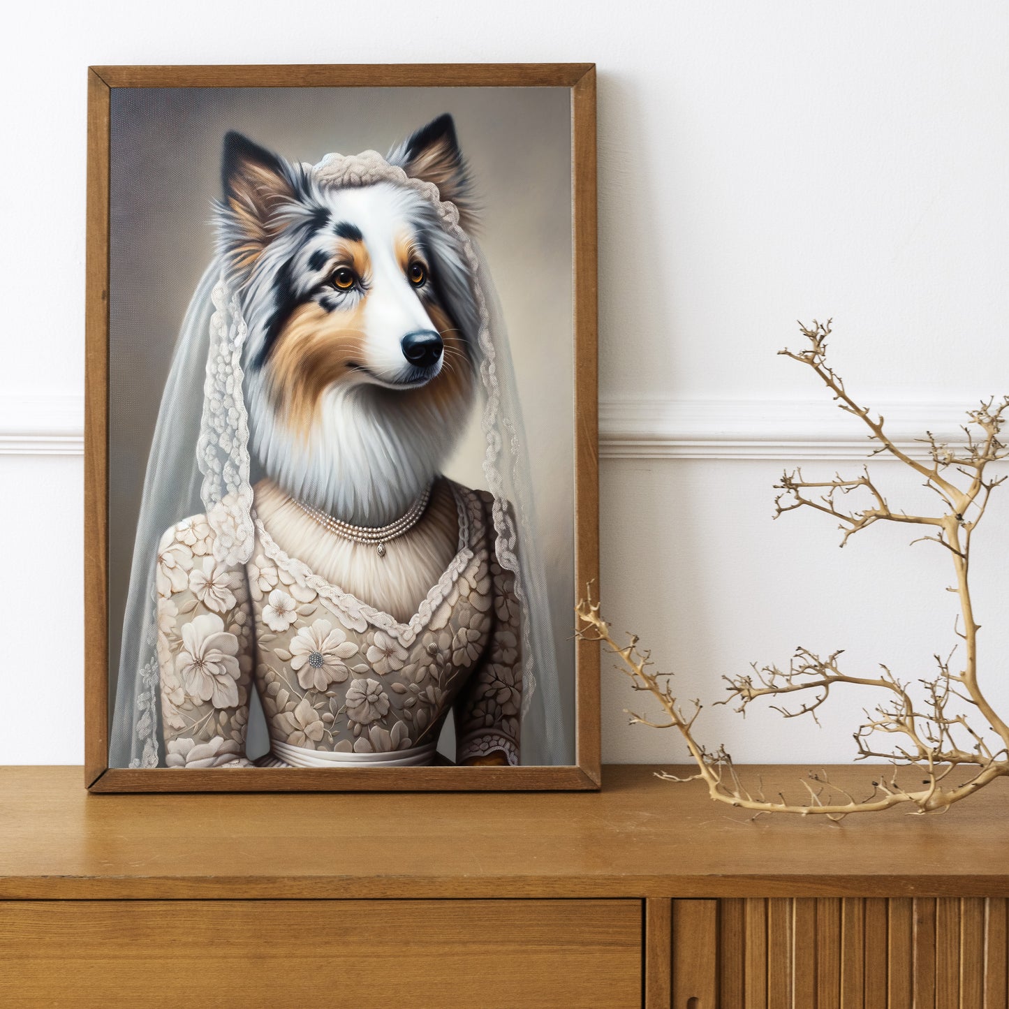 Australian Shepherd Poster in Wedding Dress - Funny Dog Bride Wall Art Decor - Unique Gift Frame