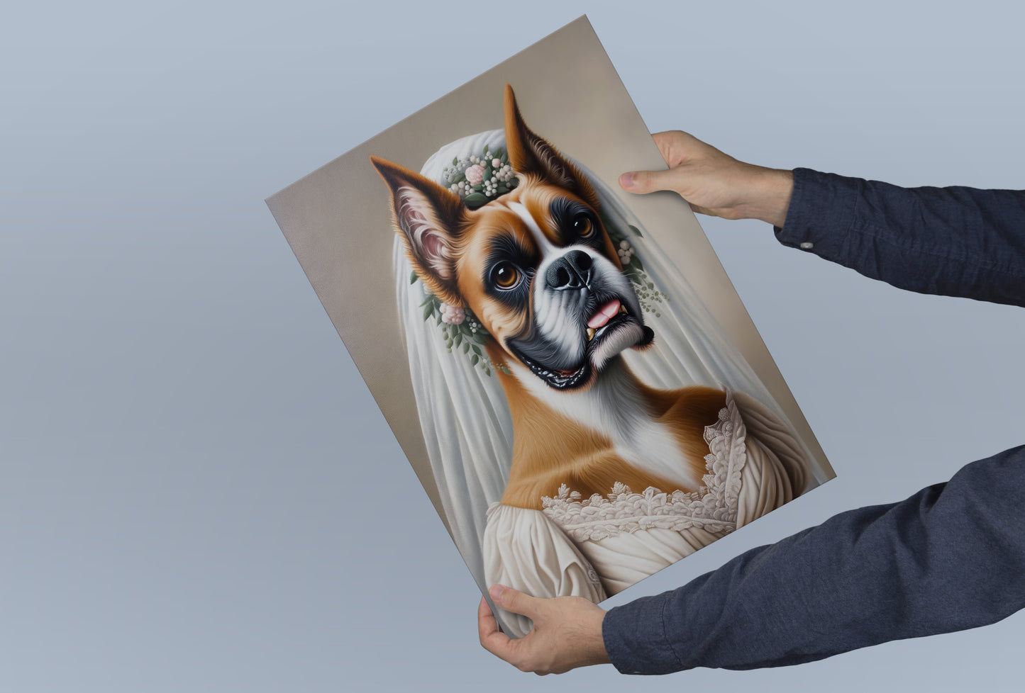 "Funny Boxer Dog in Wedding Dress Poster – Unique Animal Wall Art Decor – Bride Themed Gift"