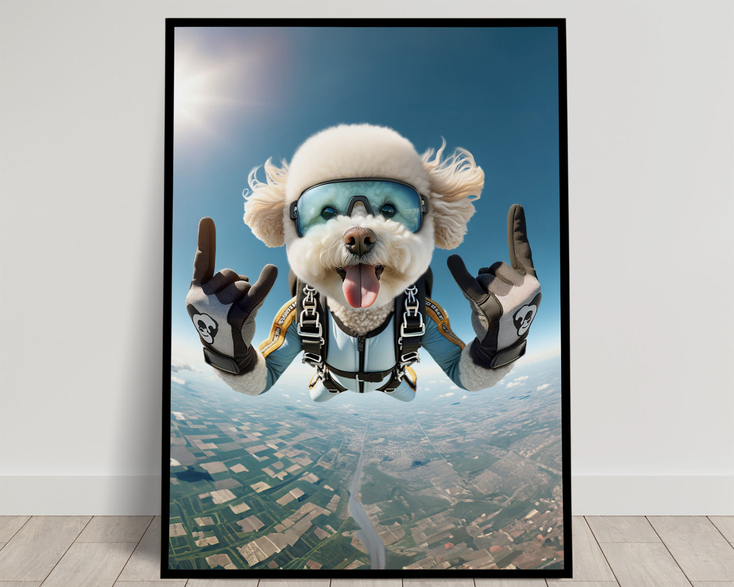 Affiche d'un Bichon Frisé en chute libre - Poster Chien Skydiving, Décor Sport Extrême, Idée Cadeau Originale