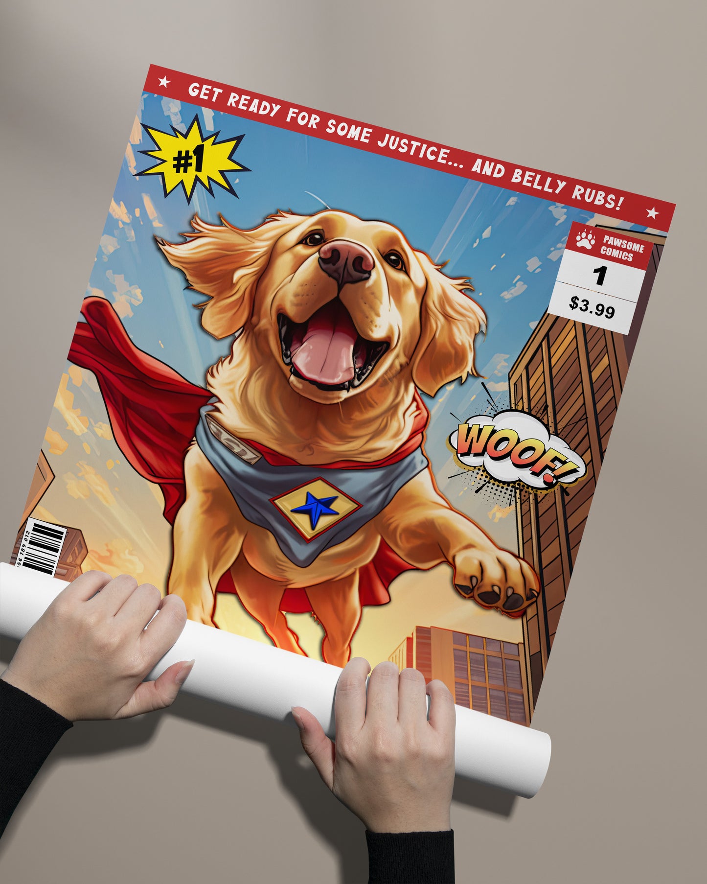 Golden Retriever Superhero Poster - Humorous Wall Art, Perfect Dog Lover Gift, Cartoon Comic Book Cover Print