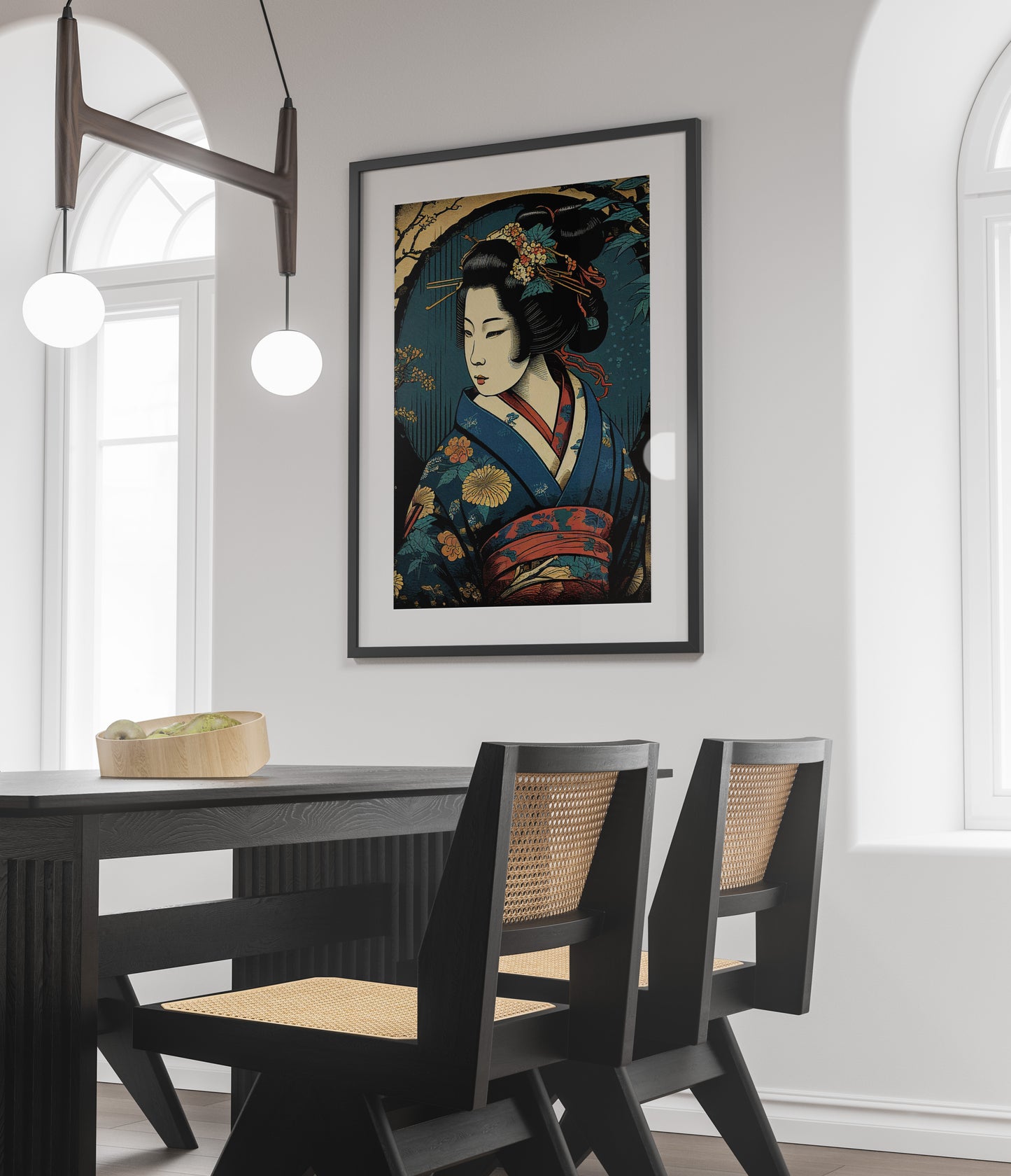 Poster Affiche Geisha au Kimono Bleu - Illustration Art Japonais, Décoration Murale Geiko Élégante