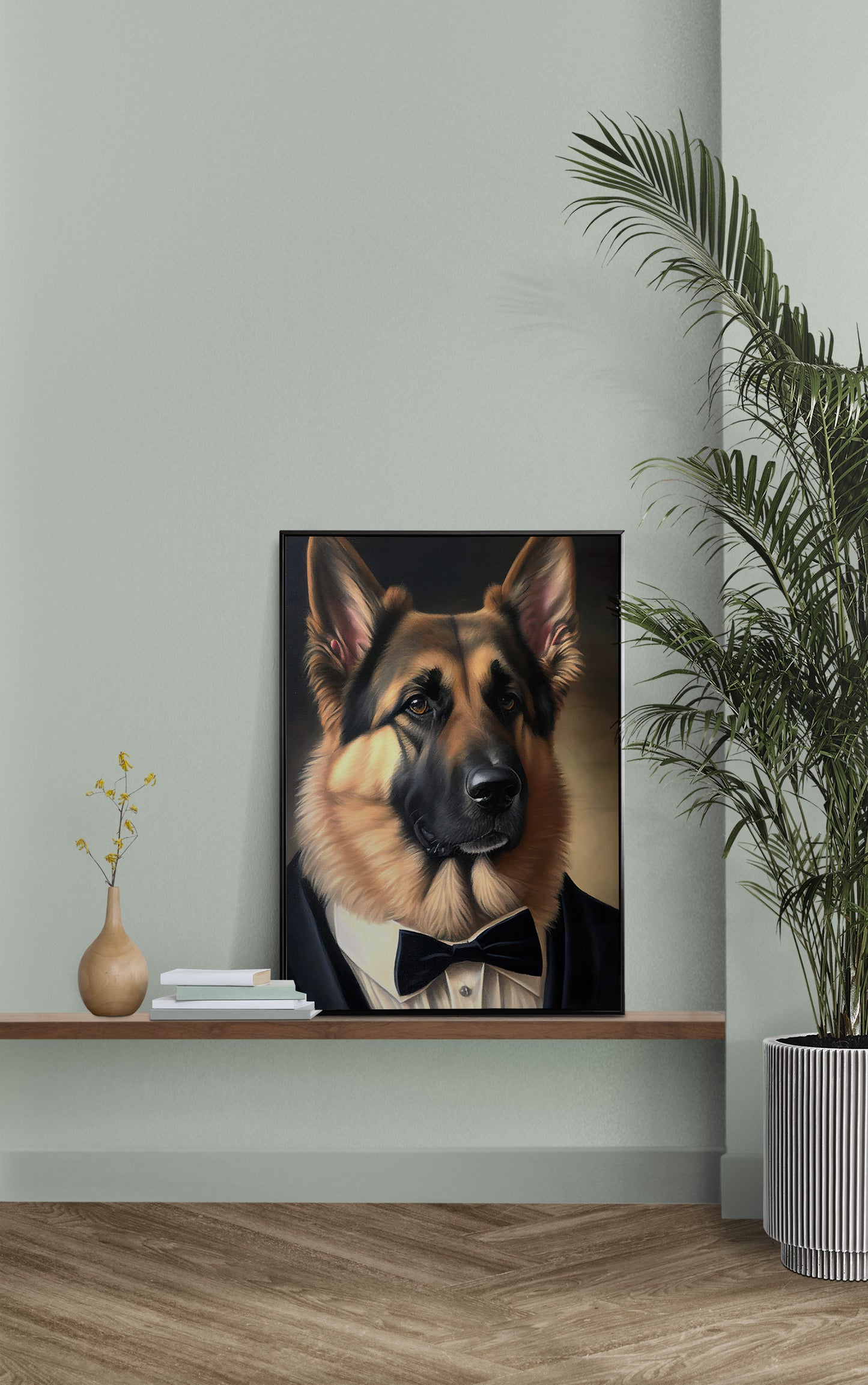 Poster Berger Allemand en Smoking - Impression Murale de Chien Chic et Humoristique, Tableaux Originaux Déco Murale