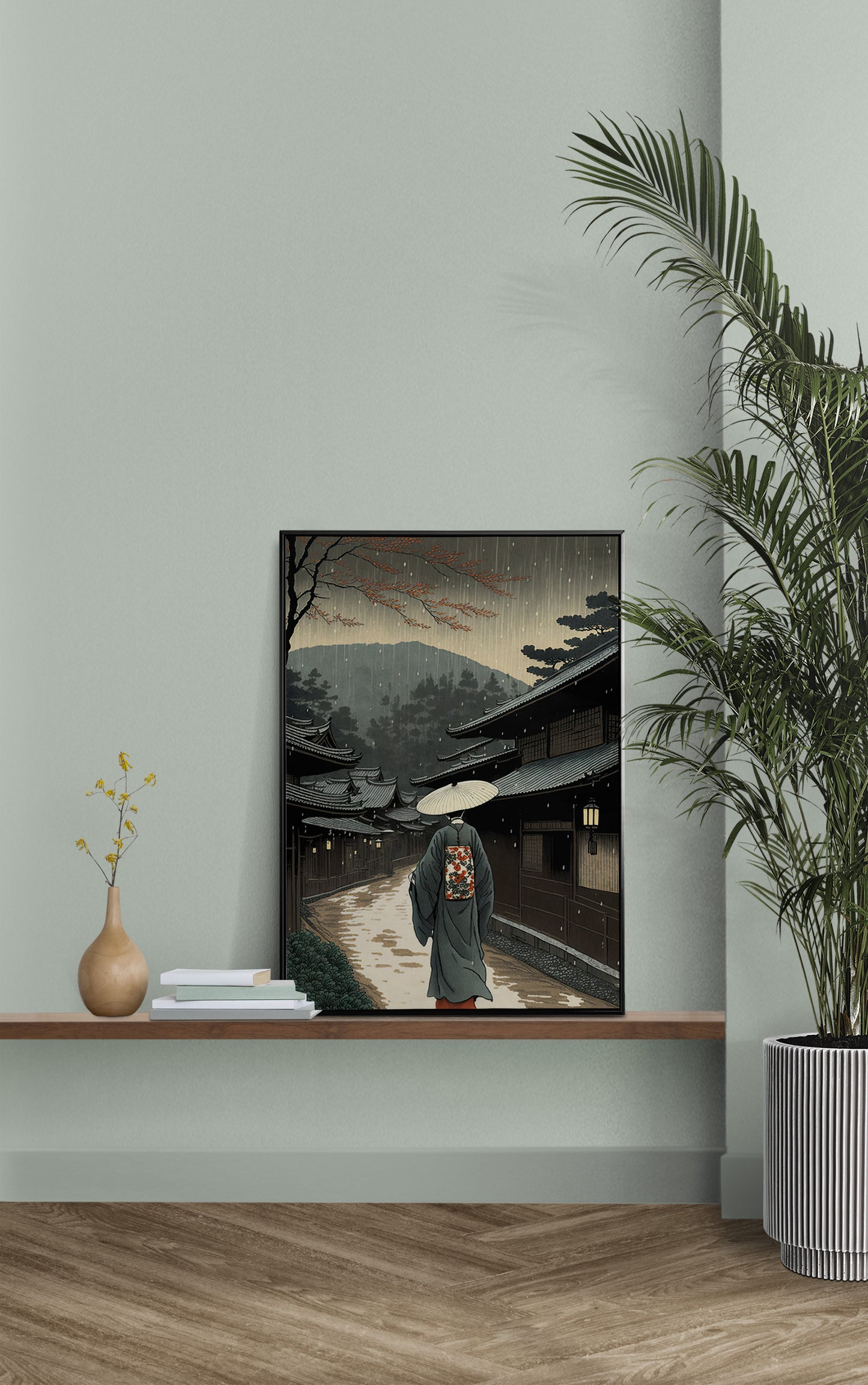 Japanese Village Rain Poster - Authentic Japanese Art Style Illustration, Perfect for Framing, Wall Decor