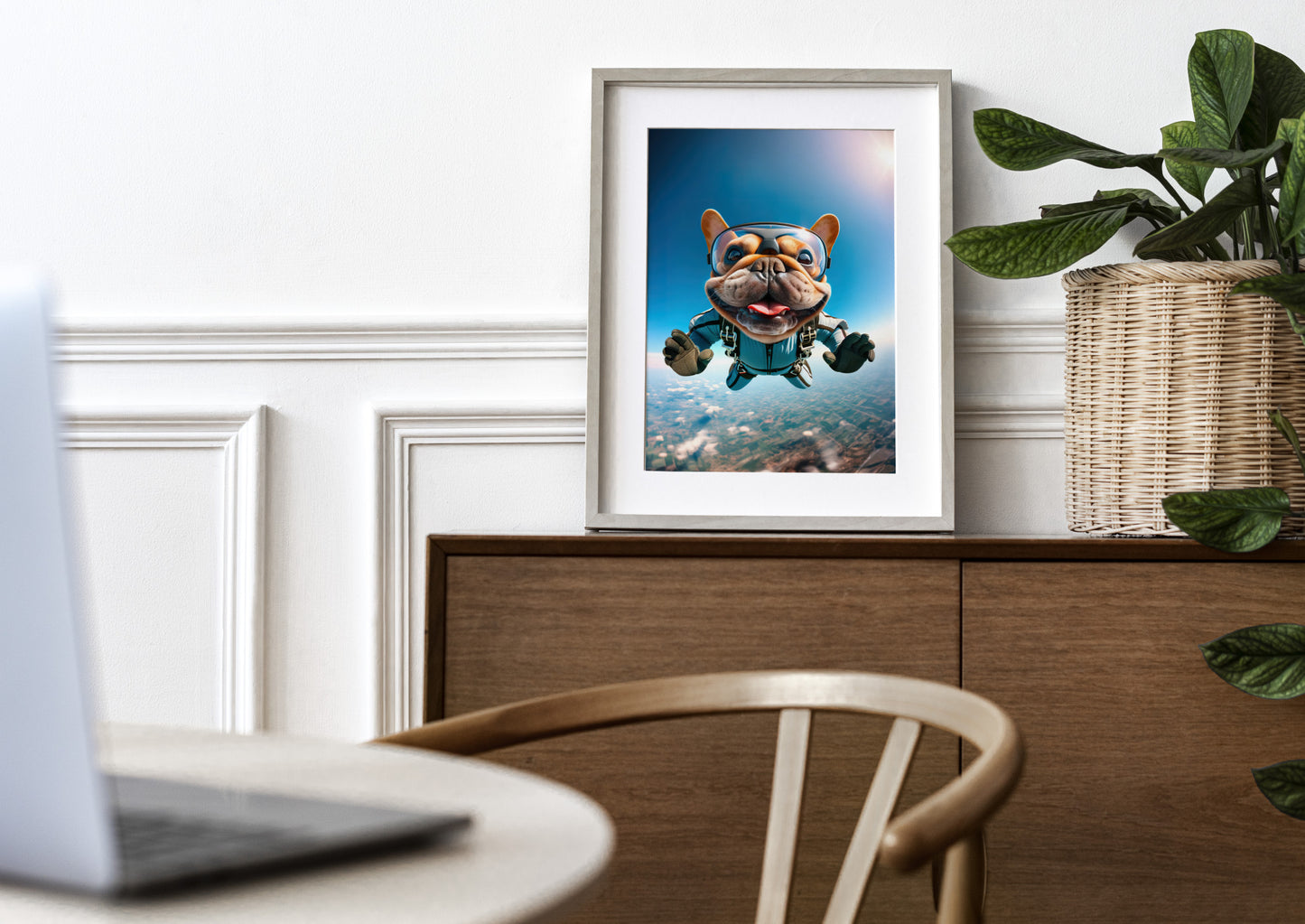 Affiche Murale de Bouledogue Français en Parachute - Poster Chien Skydiving, Décor Sport Extrême, Idée Cadeau