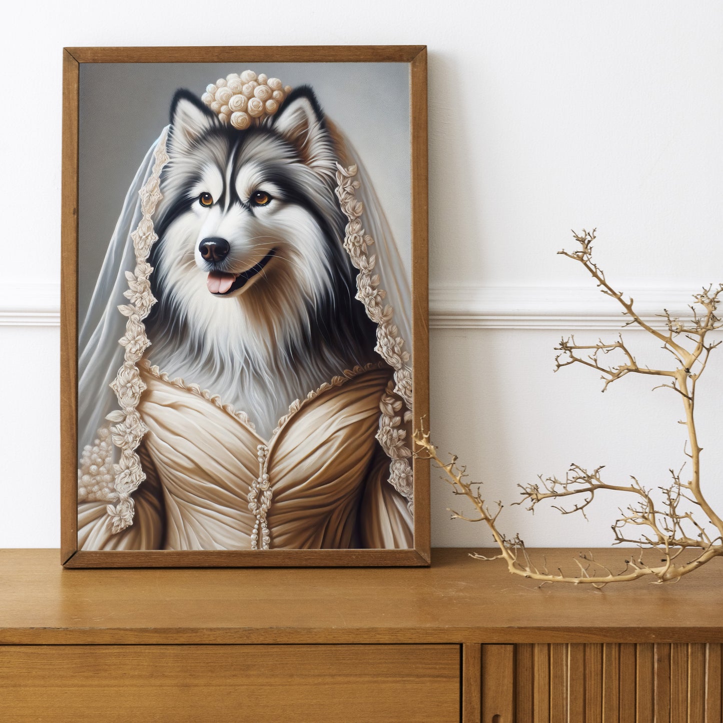 Siberian Husky in Wedding Dress Poster - Funny Animal Wall Art Decor - Unique Dog Bride Artwork Gift