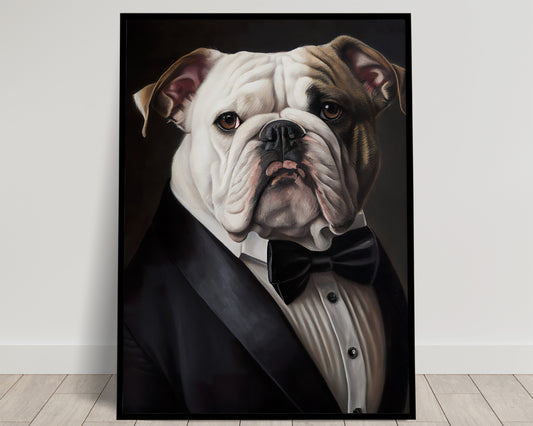 Poster Bulldog Anglais en Smoking | Art Mural Humour | Impression Bouledogue Tuxedo | Décoration Murale Chien Chic