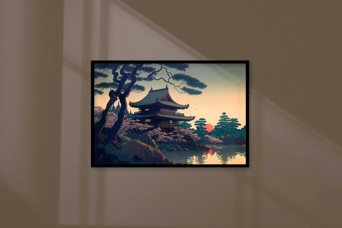 Japanese Temple Wall Poster, Art Style Illustration, Lake Landscape Decor, Frameable Wall Art