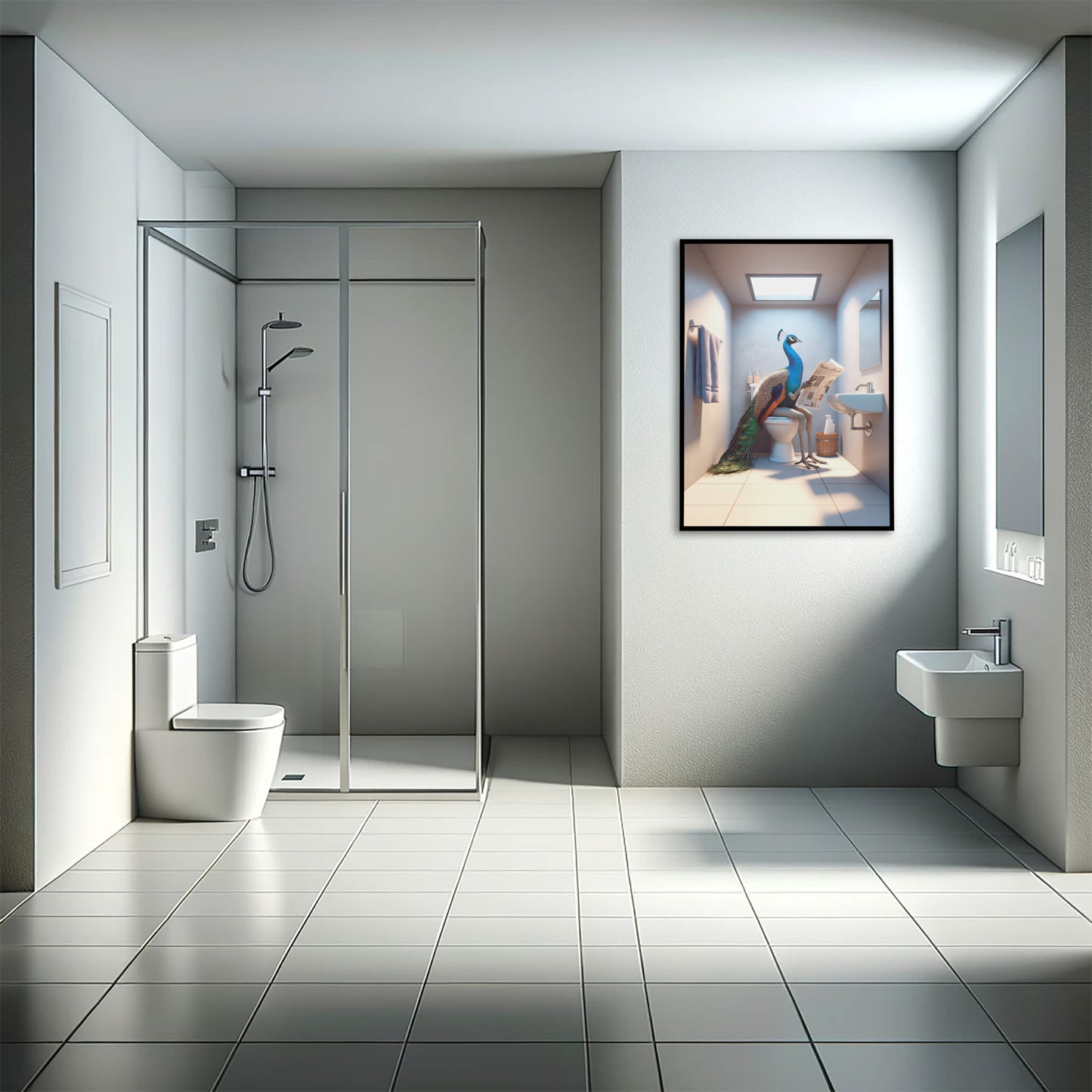 Poster Humoristique : Paon Lisant le Journal aux Toilettes, Déco Salle de Bain Drôle, Cadeau Amusant, Art Mural WC