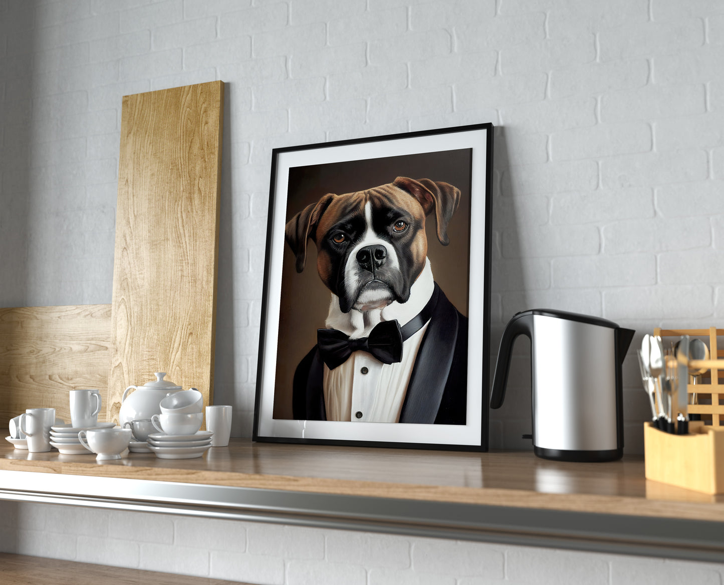 Poster de Chien Boxer en Smoking - Décoration Murale Animale Élégante, Art Mural Boxeur