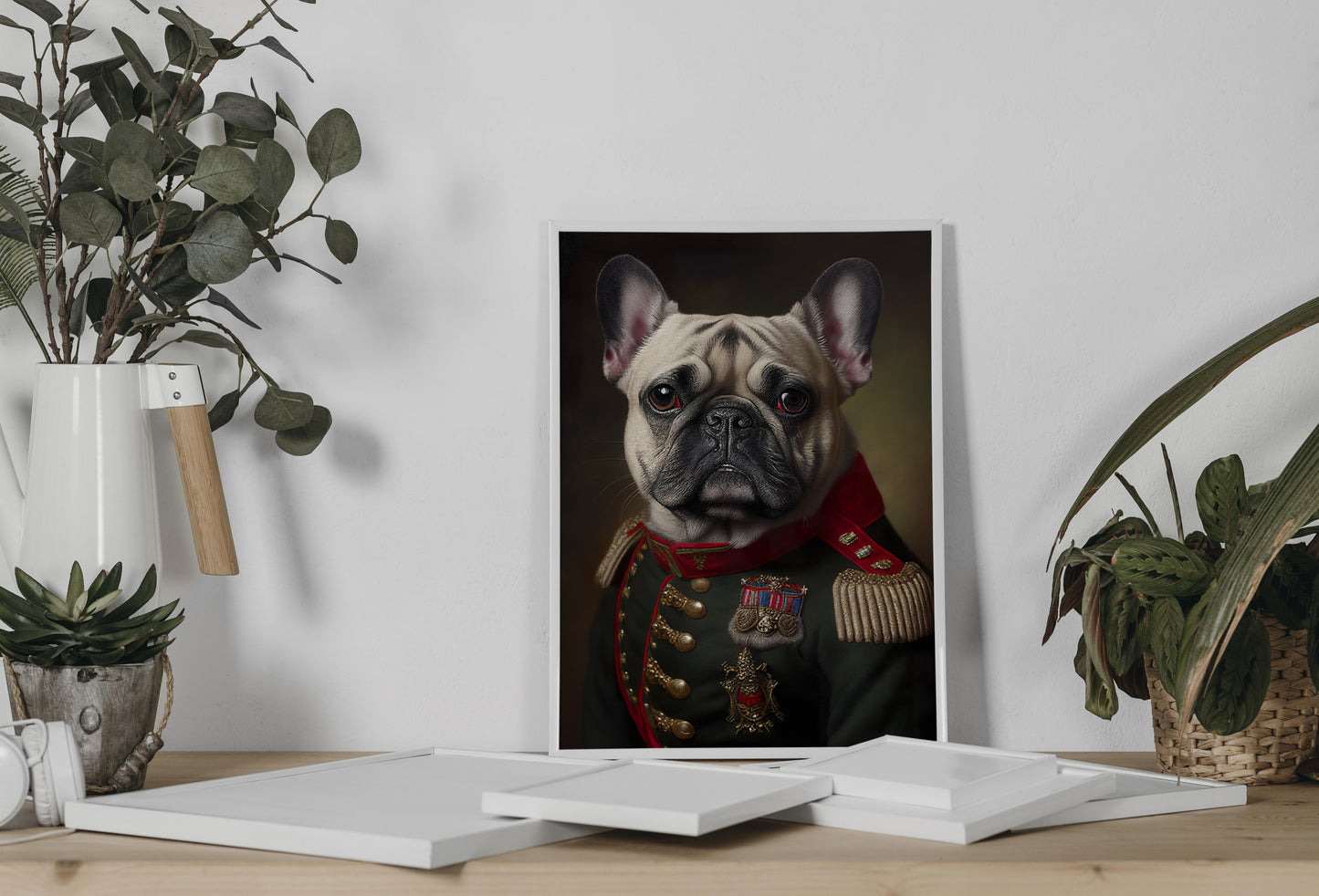 Poster mural : Portrait d'un Bulldog Français en Uniforme Militaire - Affiche murale chien, Décoration animale à encadrer