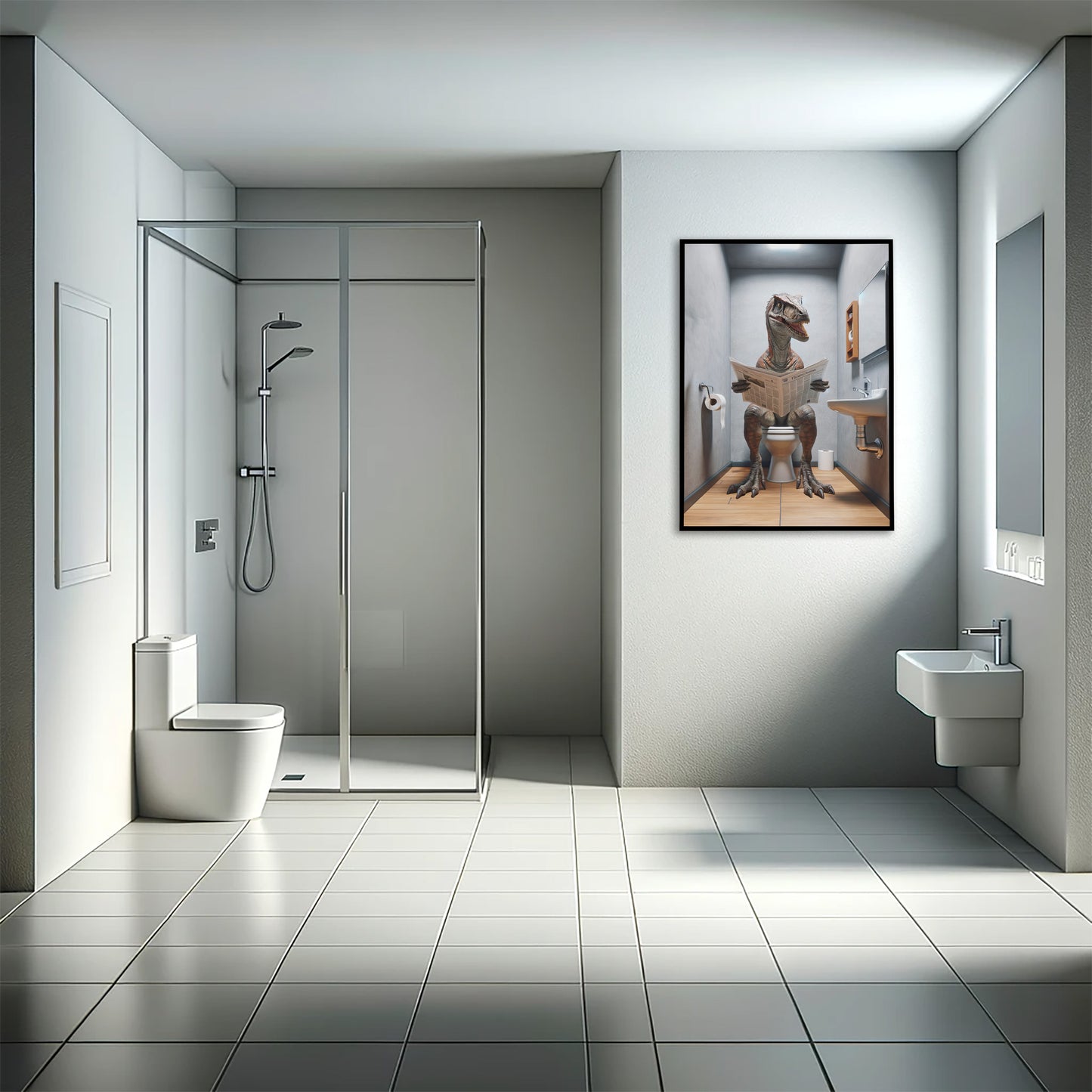 Velociraptor Reading Newspaper Toilet Poster – Funny Bathroom Wall Art Décor, Unique Gag Gift