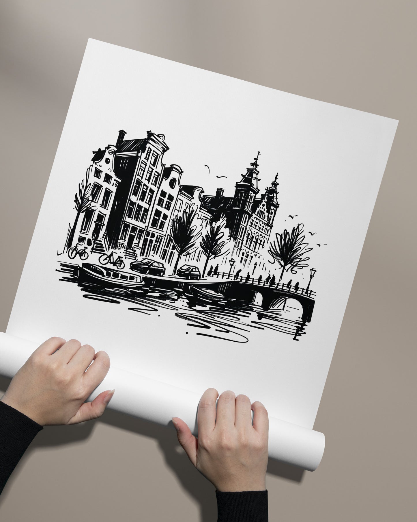 Poster des canaux d'Amsterdam - Art mural illustré pour salon, chambre et bureau, Idée cadeau chic et décoratif.