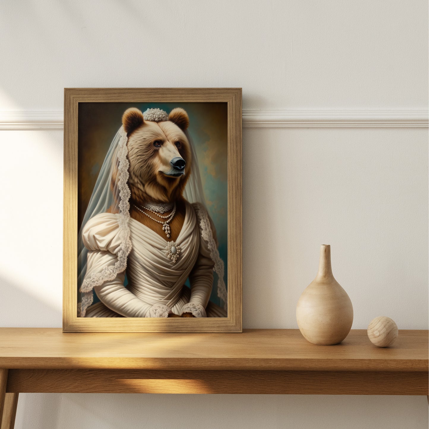 Brown Bear in Wedding Dress Poster – Funny Animal Wall Art, Unique Gift, Bride Decor, Cute Bear Artwork