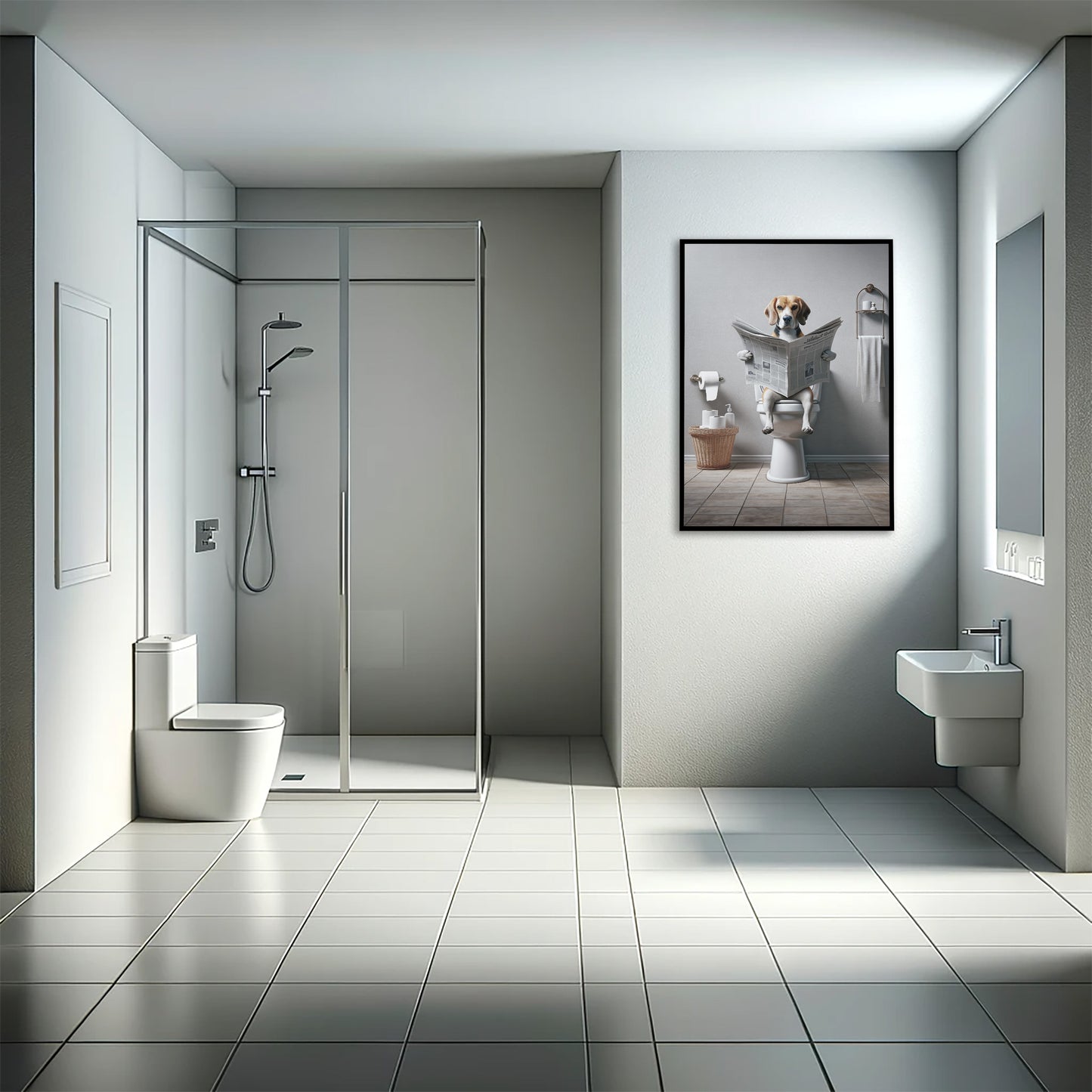 Poster Humoristique : Beagle Lisant le Journal aux Toilettes, Décoration Salle de Bain, Cadre et Cadeau Fun