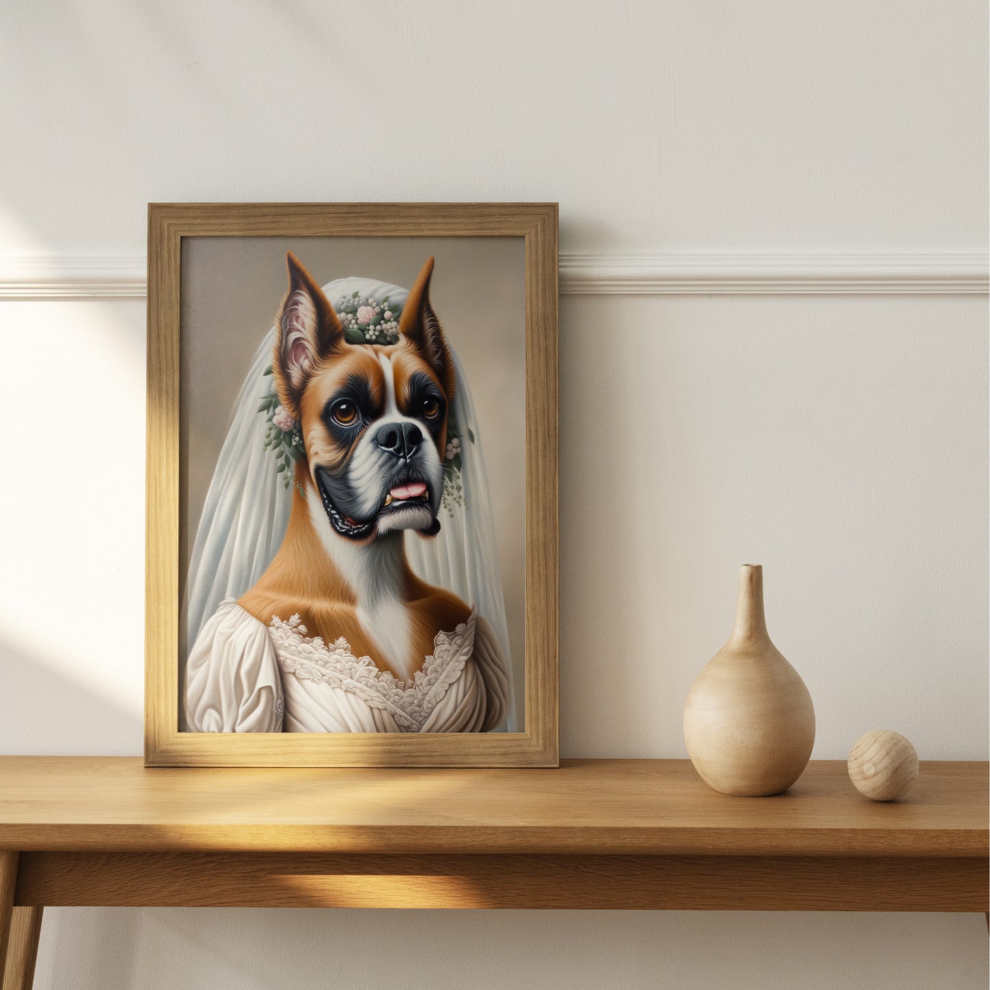 "Funny Boxer Dog in Wedding Dress Poster – Unique Animal Wall Art Decor – Bride Themed Gift"