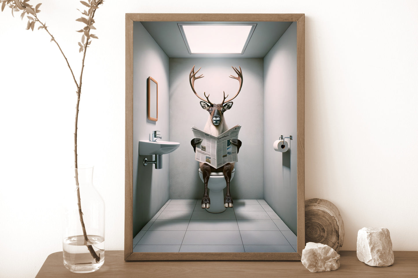 Poster Humoristique : Caribou Lisant le Journal aux Toilettes - Décoration Salle de Bain, Cadeau Amusant Art Mural