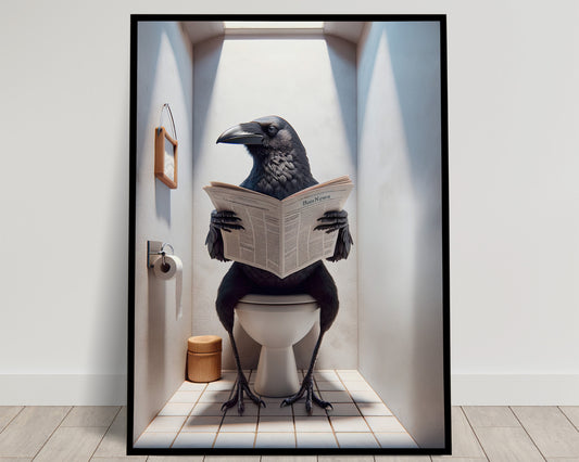 Crow Reading Newspaper Toilet Poster - Funny Bathroom Decor Wall Art | Unique Gag Gift for WC