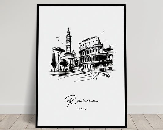 "Black and White Rome Landmark Sketch Poster – Living Room Wall Art, Bedroom Decor, Office Poster, Unique Travel Gift Idea"