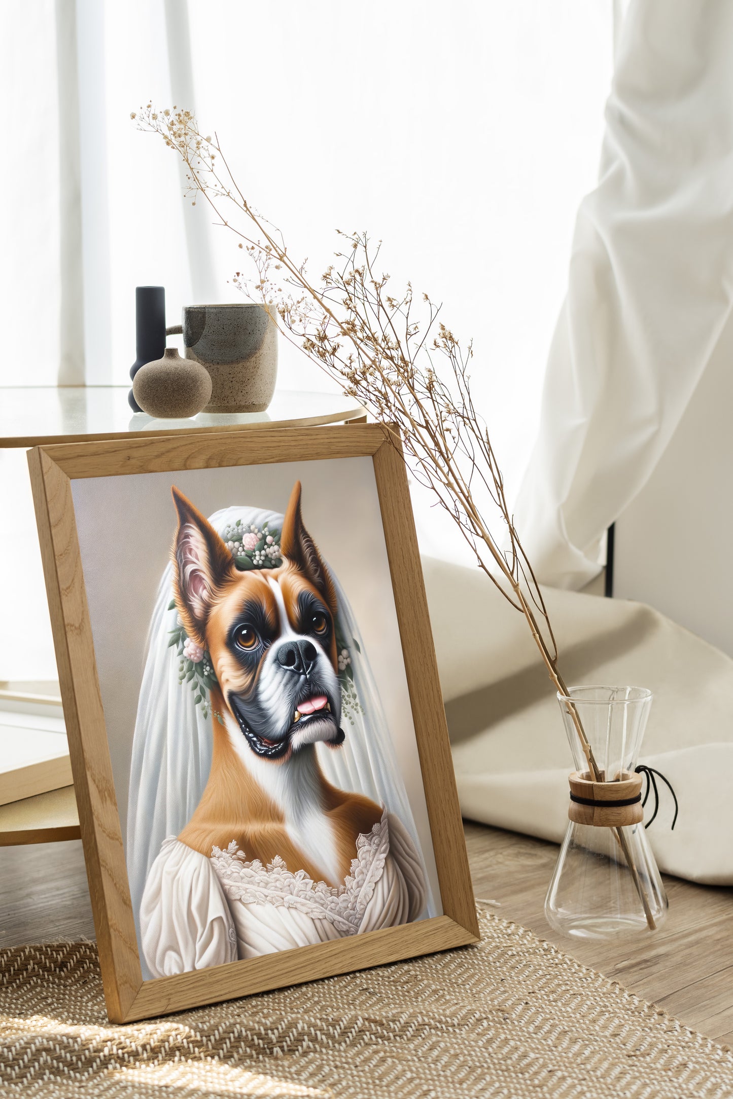 "Funny Boxer Dog in Wedding Dress Poster – Unique Animal Wall Art Decor – Bride Themed Gift"