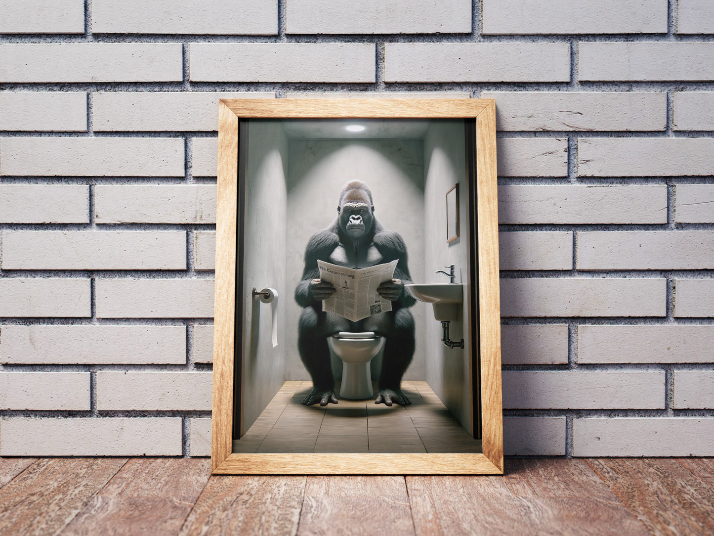 Gorilla Reading Newspaper on Toilet Poster – Funny Bathroom Wall Art, Unique WC Decor, Hilarious Gift Idea