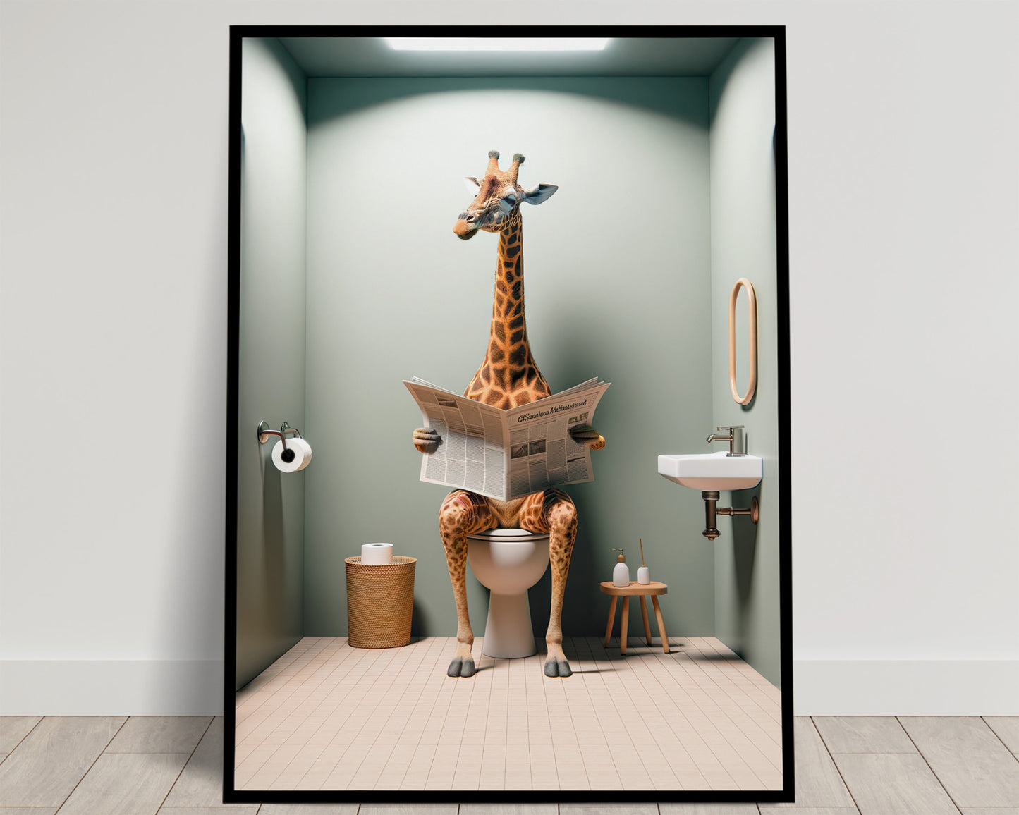 Poster Girafe Lisant Journal aux Toilettes, Décoration Humour Salle de Bain, Cadre Murale Drôle, Idée Cadeau Amusante