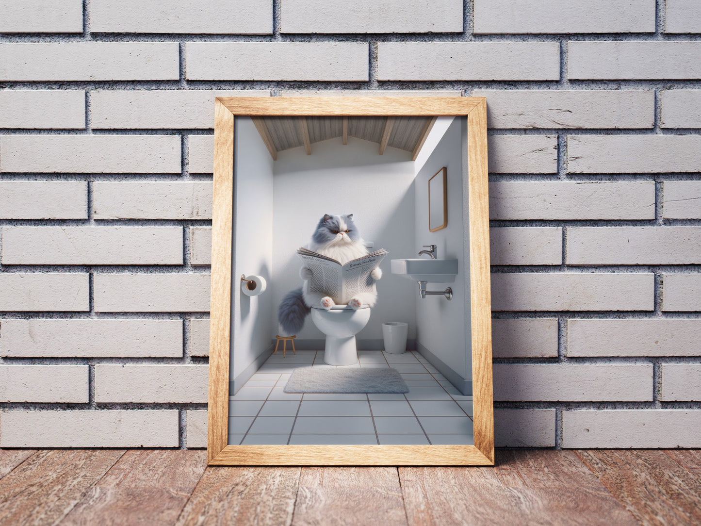 Blue and White Persian Cat Toilet Poster - Bathroom Wall Art Decor | Cat Lover Gag Gift | Funny WC Poster