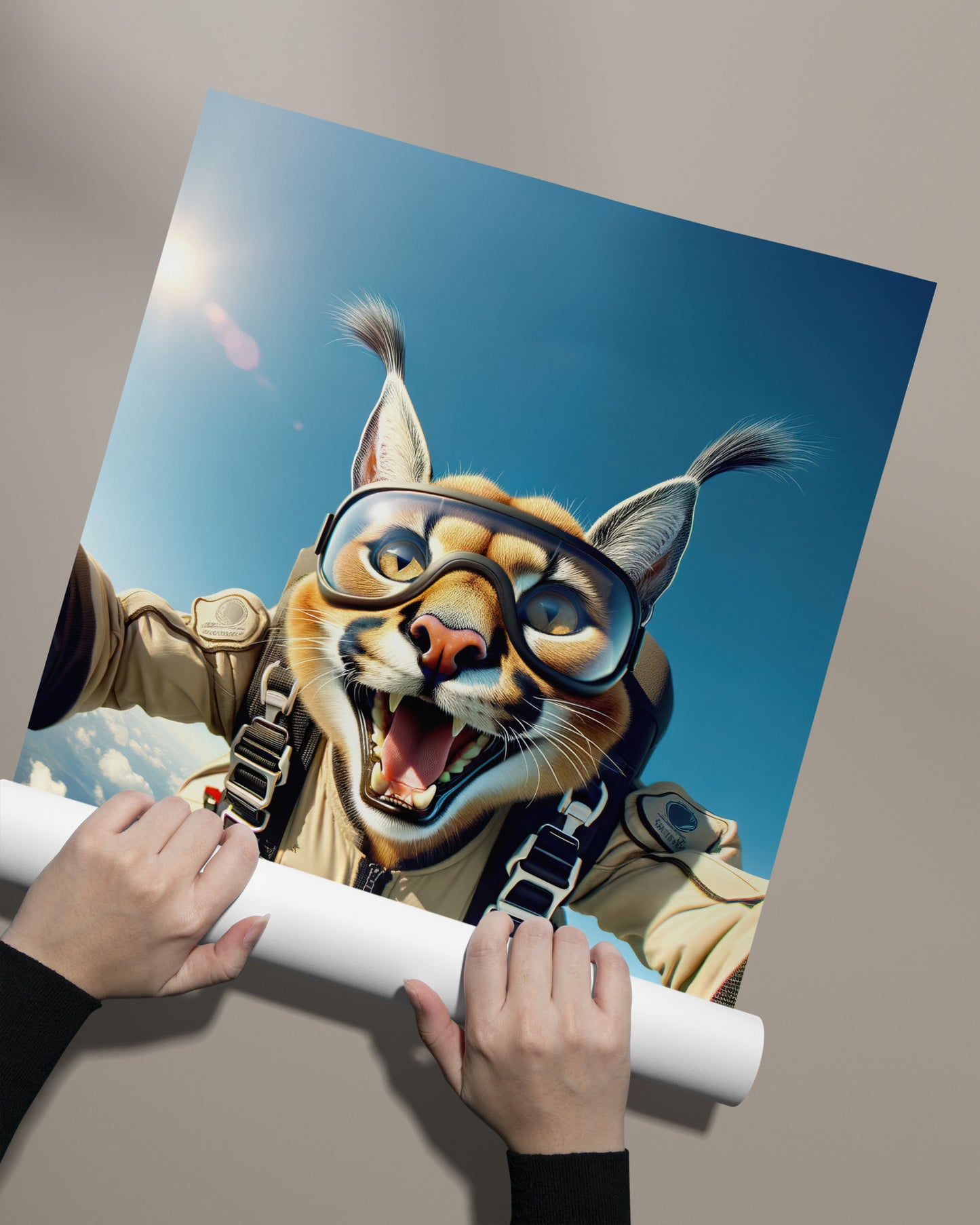 Affiche Murale Caracal en Chute Libre - Poster Animal Skydiving Sport Extrême - Décor Unique et Cadeau Original