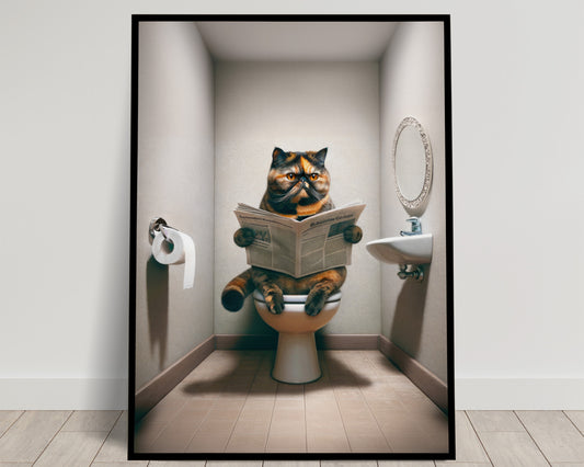 Affiche murale humour: Chat Exotic Shorthair lisant aux toilettes – Déco WC & Salle de bain