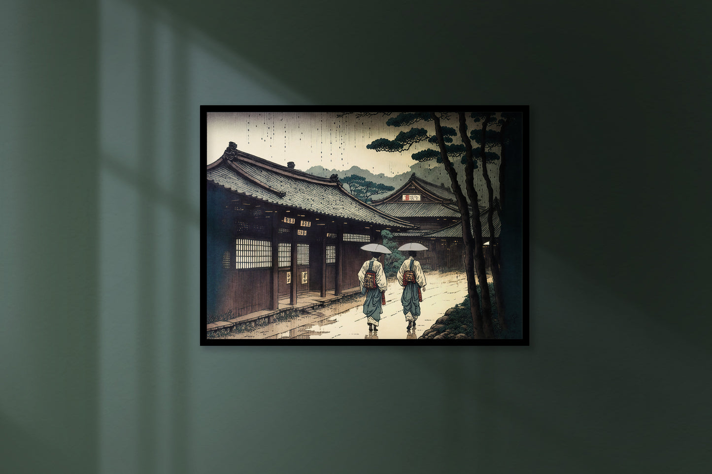 Poster de Village Japonais sous la Pluie - Illustration Art Nippon - Décoration Murale Orageuse - Affiche à Encadrer