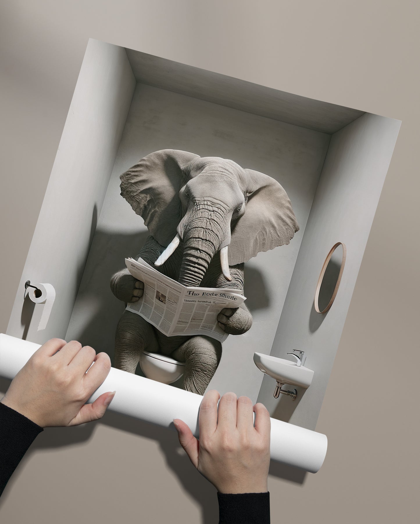 Funny Elephant Reading Newspaper Toilet Poster - Unique Bathroom Wall Art Decor - Perfect Funny WC Gift