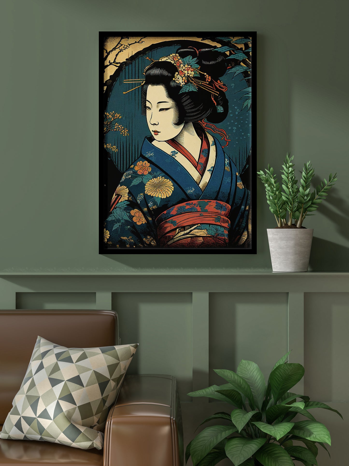 Poster Affiche Geisha au Kimono Bleu - Illustration Art Japonais, Décoration Murale Geiko Élégante