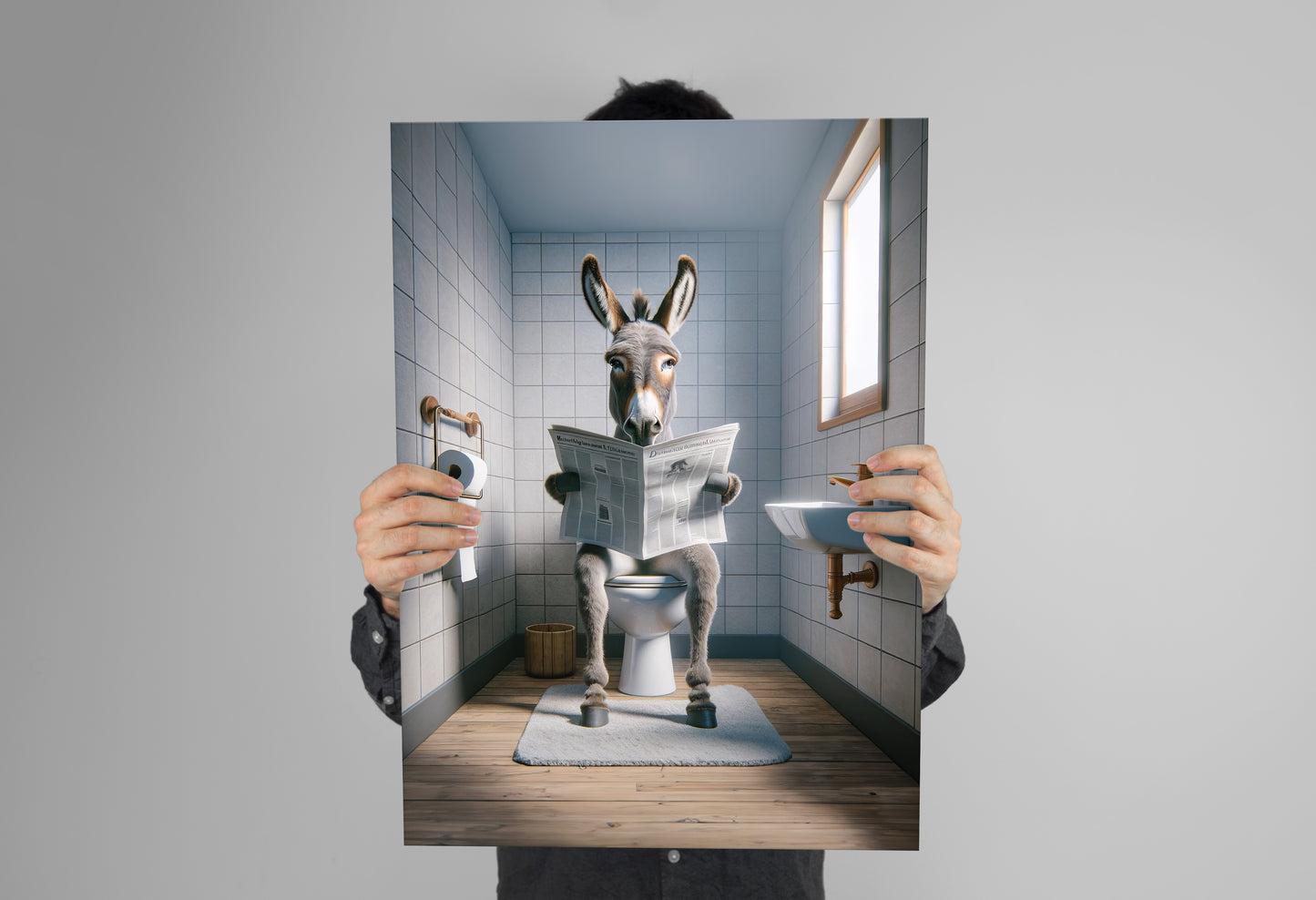 Funny Donkey Reading Newspaper Poster - Unique Bathroom Decor, WC Wall Art, Perfect Funny Gift