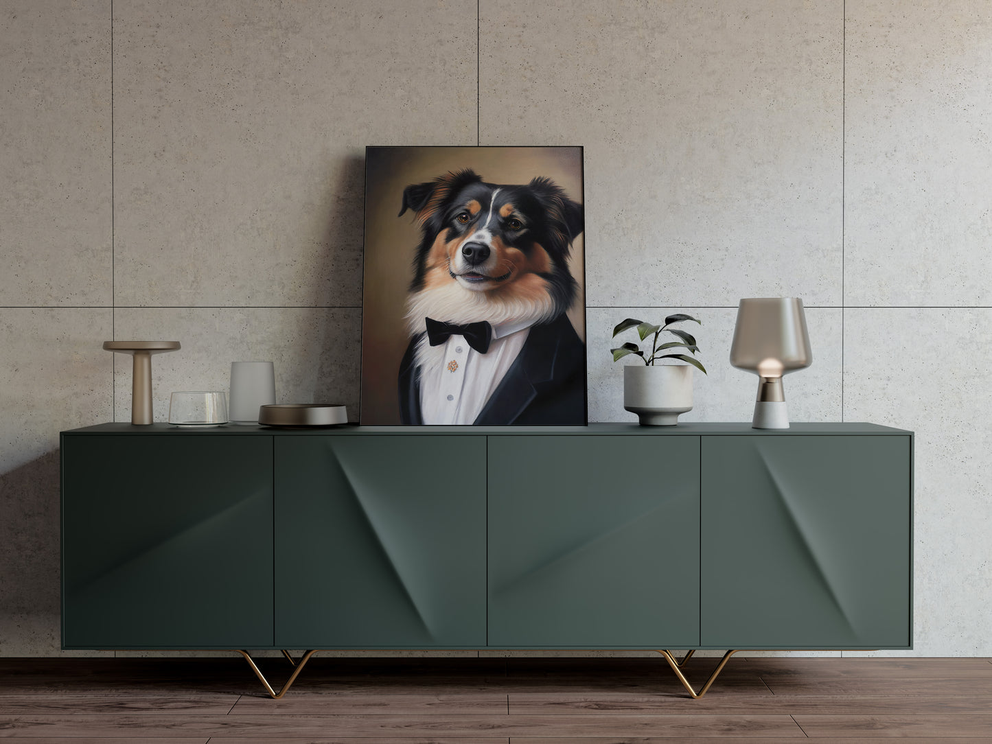 Chic Dog Poster - Australian Shepherd in Tuxedo | Humorous Wall Art | Portrait Print