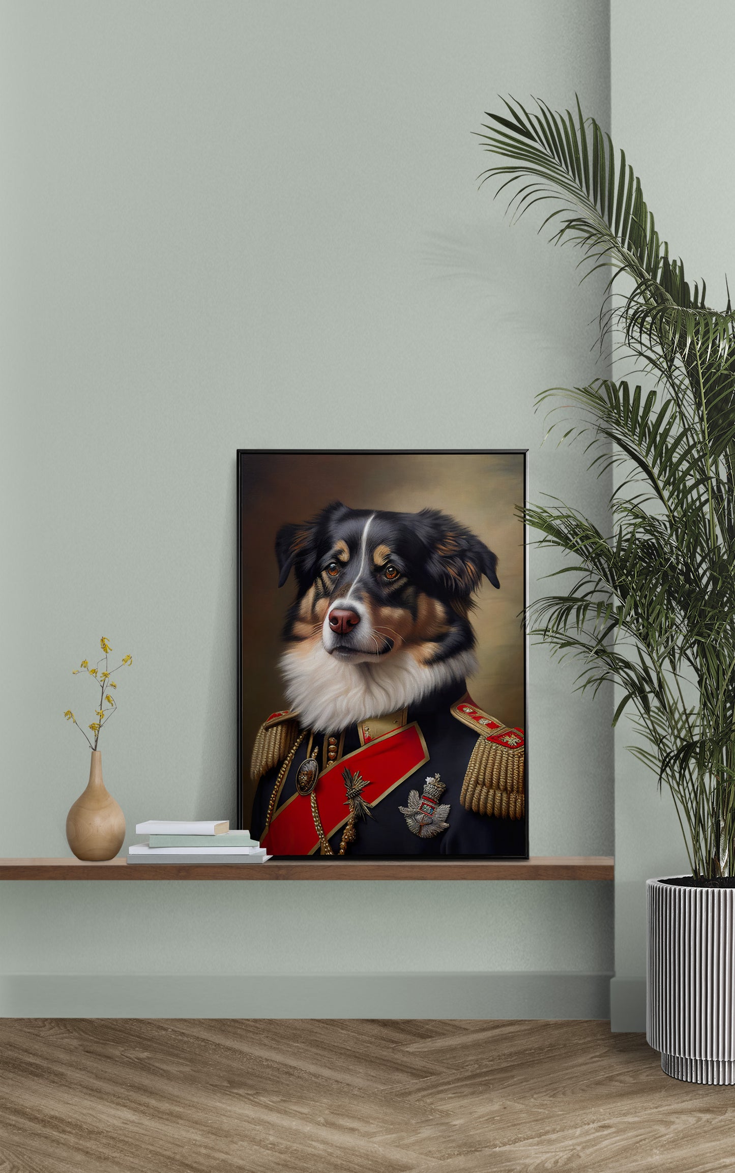 Australian Shepherd in Military Uniform Poster, Dog Wall Art, Animal Wall Decoration, Unique Dog Poster for Home Decor