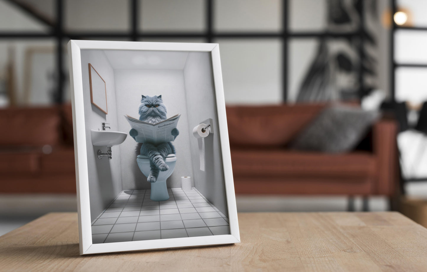 Funny Blue Persian Cat Bathroom Poster - Humorous Wall Art, Toilet Decor, Perfect Gag Gift for Cat Lovers