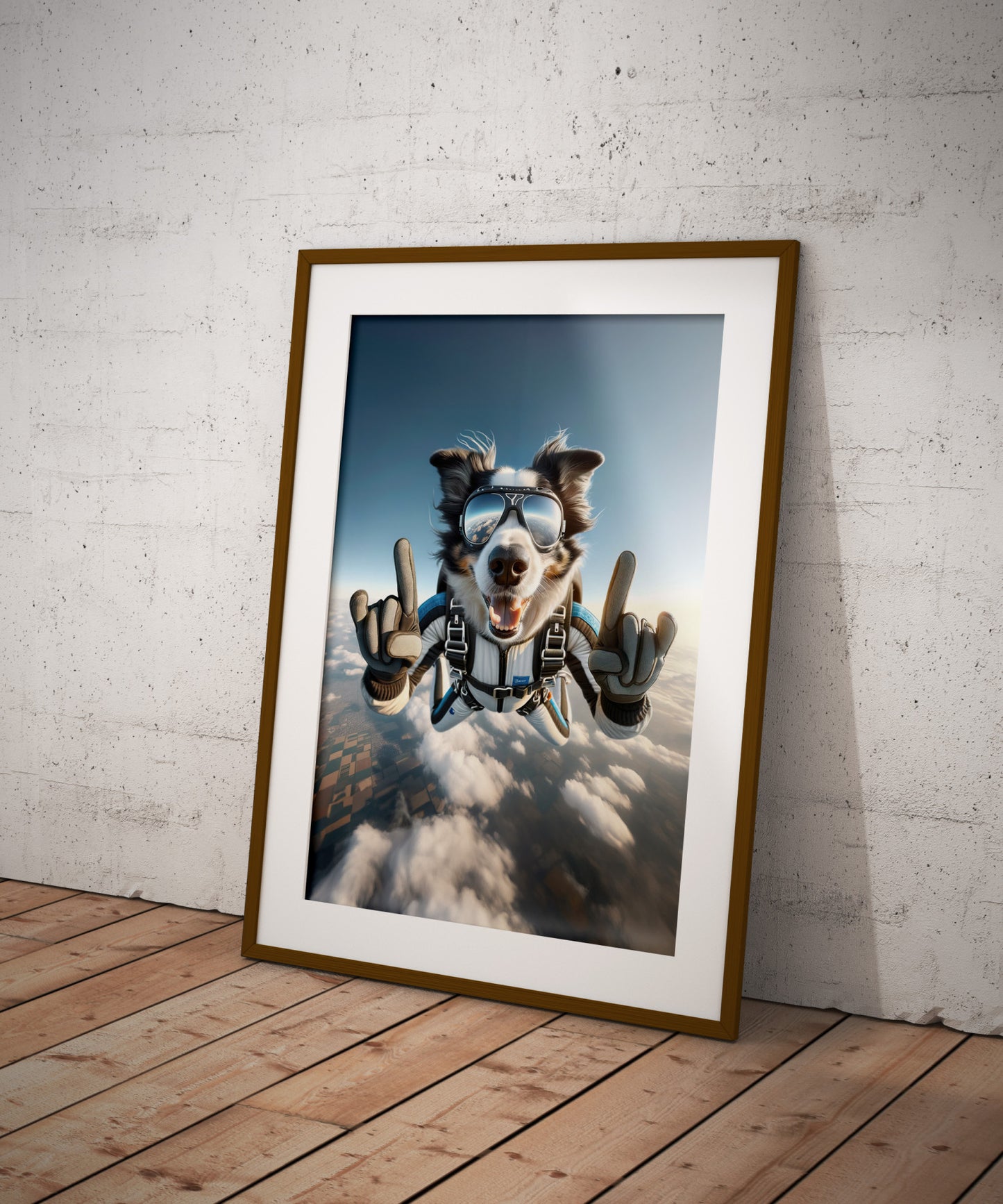 Affiche murale Border Collie en chute libre - Poster chien skydiving - Décor sport extrême - Idée cadeau unique