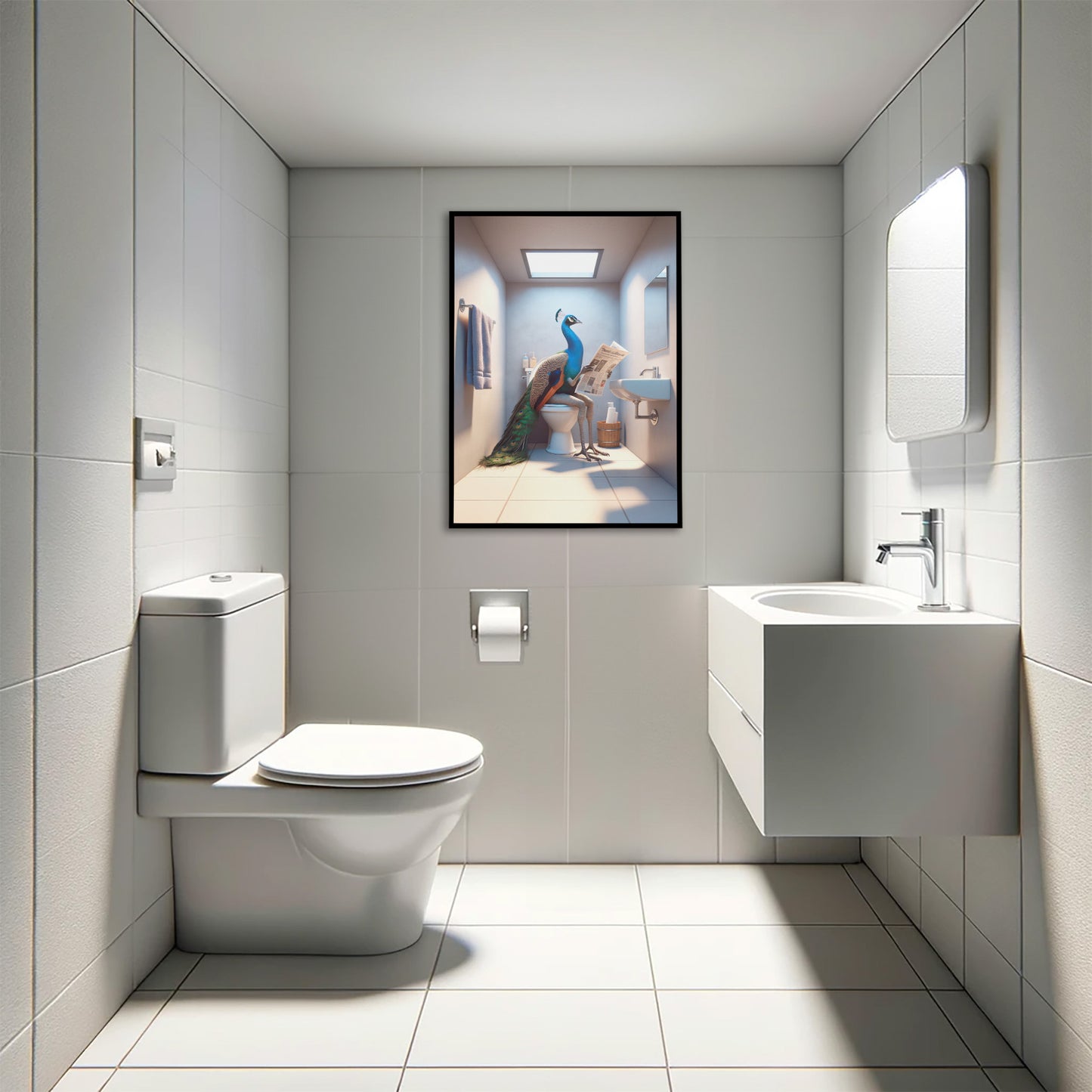 Poster Humoristique : Paon Lisant le Journal aux Toilettes, Déco Salle de Bain Drôle, Cadeau Amusant, Art Mural WC