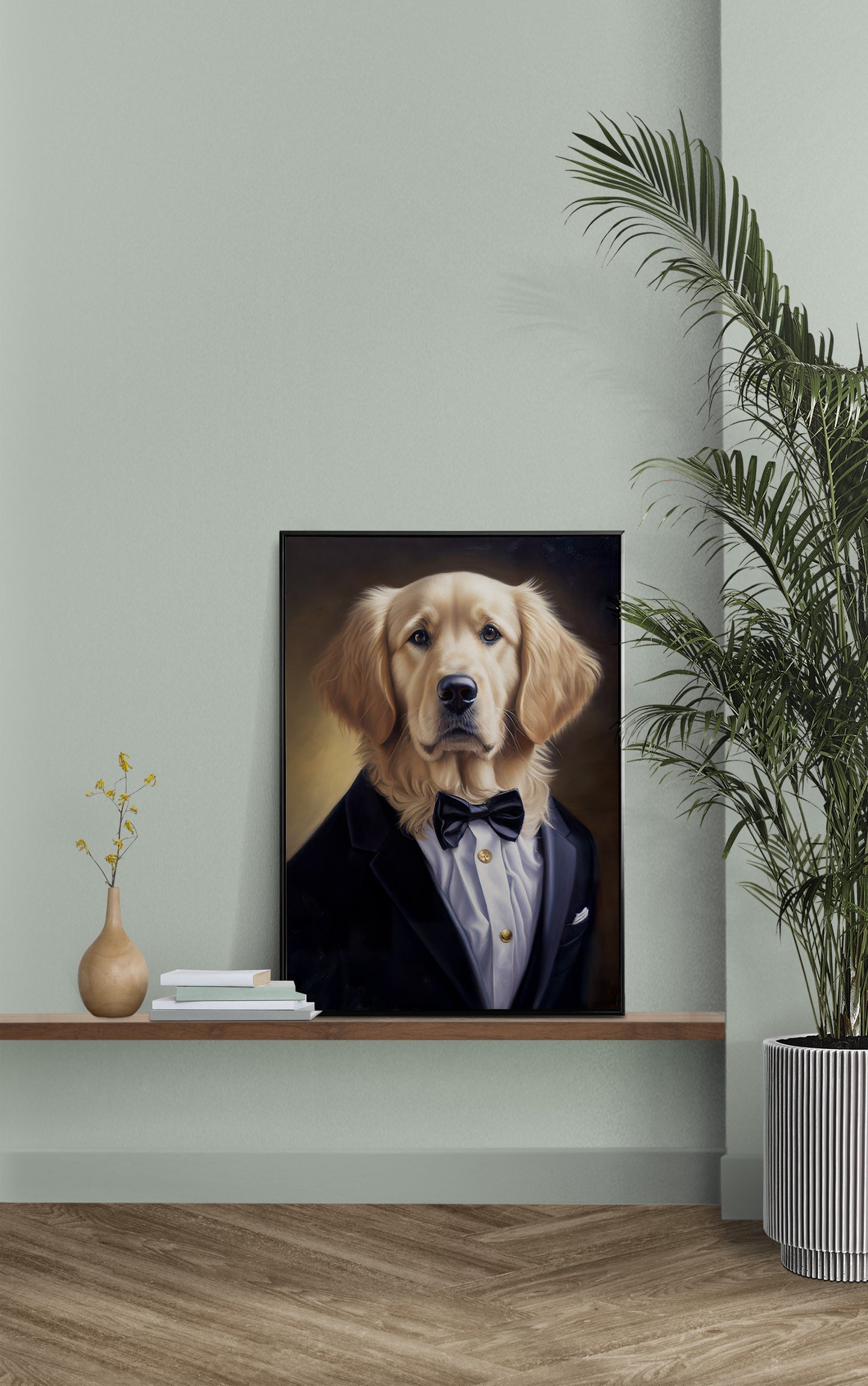 Affiche portrait Golden Retriever en smoking | Poster décoration murale animaux | Art mural élégant