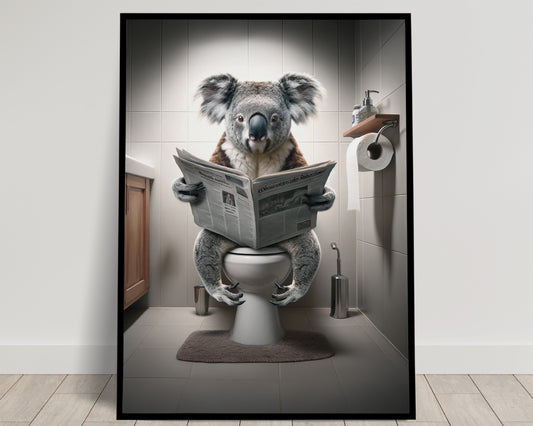 Funny Koala Reading Newspaper on Toilet Poster - Unique Bathroom Wall Art, WC Decor, Hilarious Gift Idea