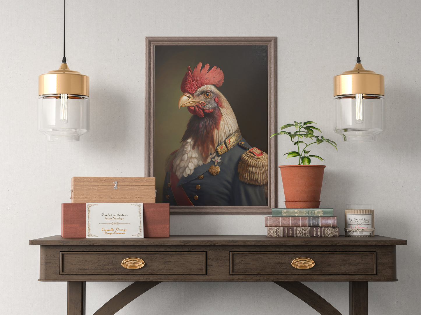 Heroic Rooster in Military Uniform Poster - Unique Animal Wall Art, Framed Poultry Decor, Perfect for Home & Office