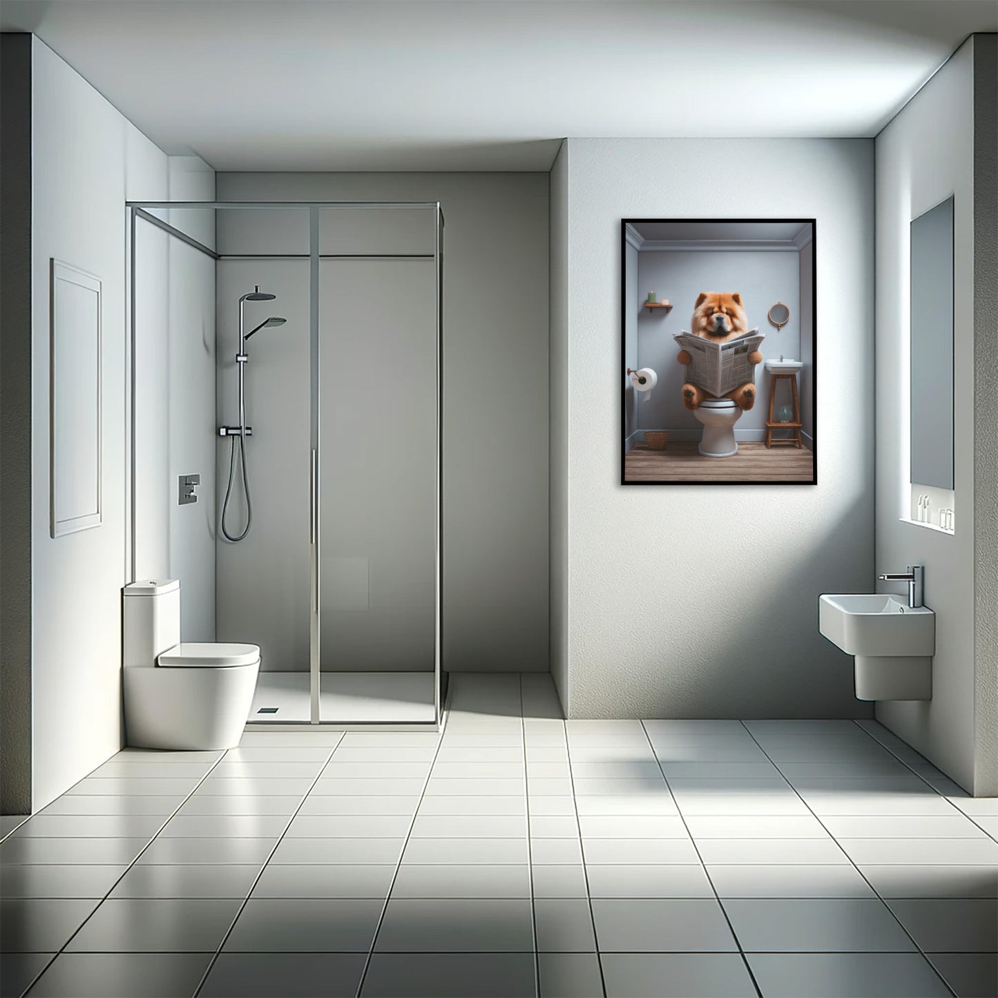 Poster Humoristique de Chow Chow lisant le journal, Déco WC Amusante, Cadre Salle de Bain, Cadeau Fun Chien